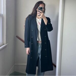 Vintage 80s Double Breasted Wool Trench Coat Jacket Gold Button Bold Shoulder XL